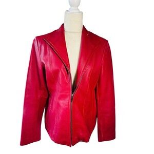 Nine West Jacket Leather Bright Red 100% genuine leather jacket size M Zip Up